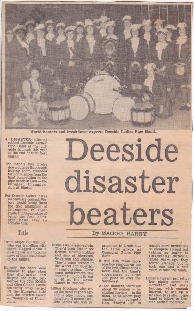 Newspaper clipping titled "Deeside disaster beaters" featuring a group photo with drums.